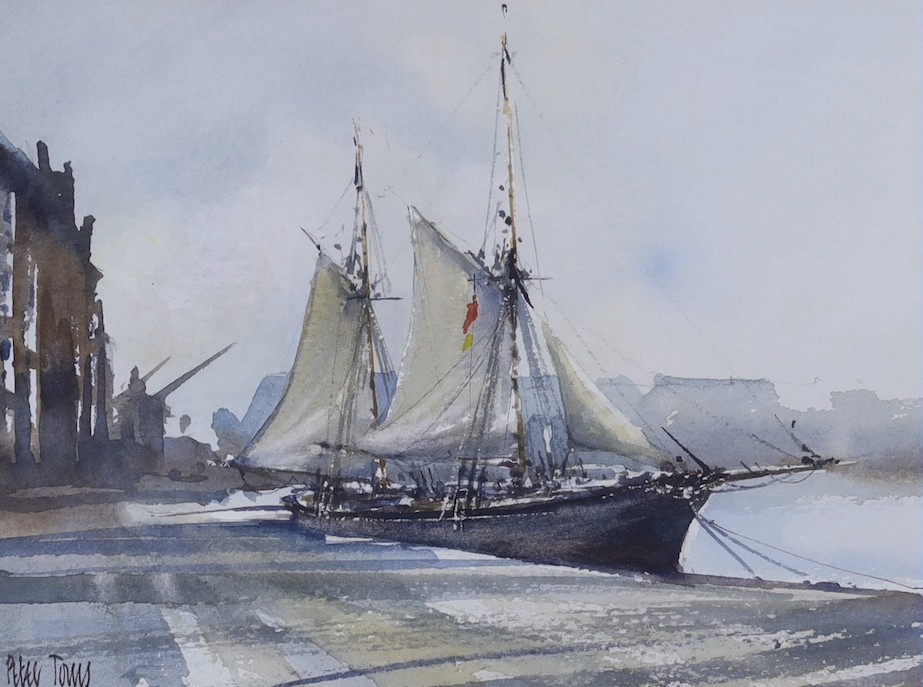 Peter Toms (b.1940), three watercolours, 'Evening II', 'Working Sail' and 'Alongside', all signed, largest 21 x 27cm